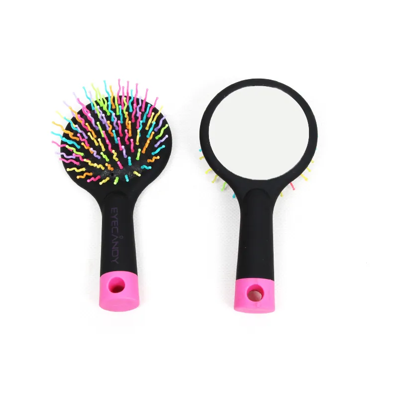 Magic Handle Tangle Hårborste Kam Salong Styling Tamer Tool med Makeup Spegel Plasthår Kammar Rainbow Volymborste