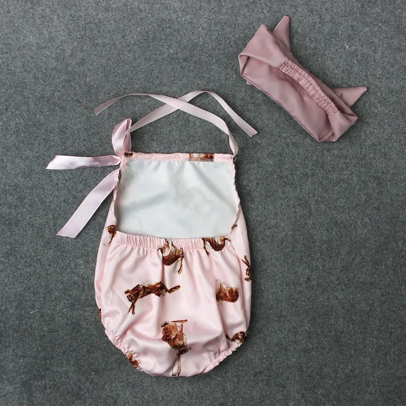 Baby ins känguru hårband rompers barn bomull båge print romper 2st uppsättningar kostymer tjejer ruffled jumpsuit toddler spädbarn kläder