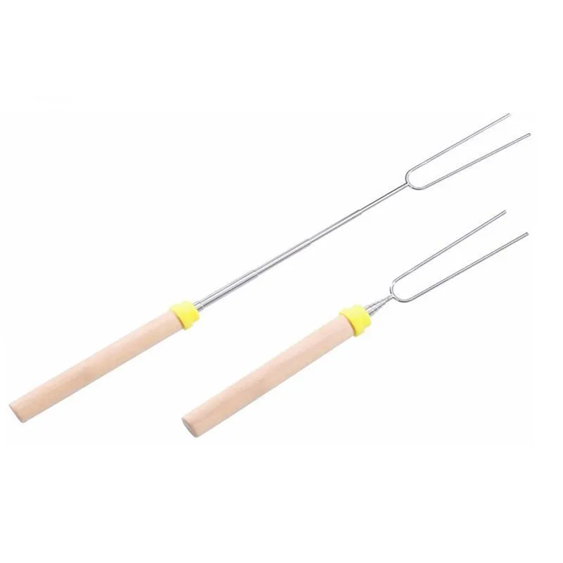 BBQ Forks Camping Campfire Stainless Steel Campground Lunch Tools Wooden Handle Telescoping Barbecue Roasting Fork Sticks Skewers fast