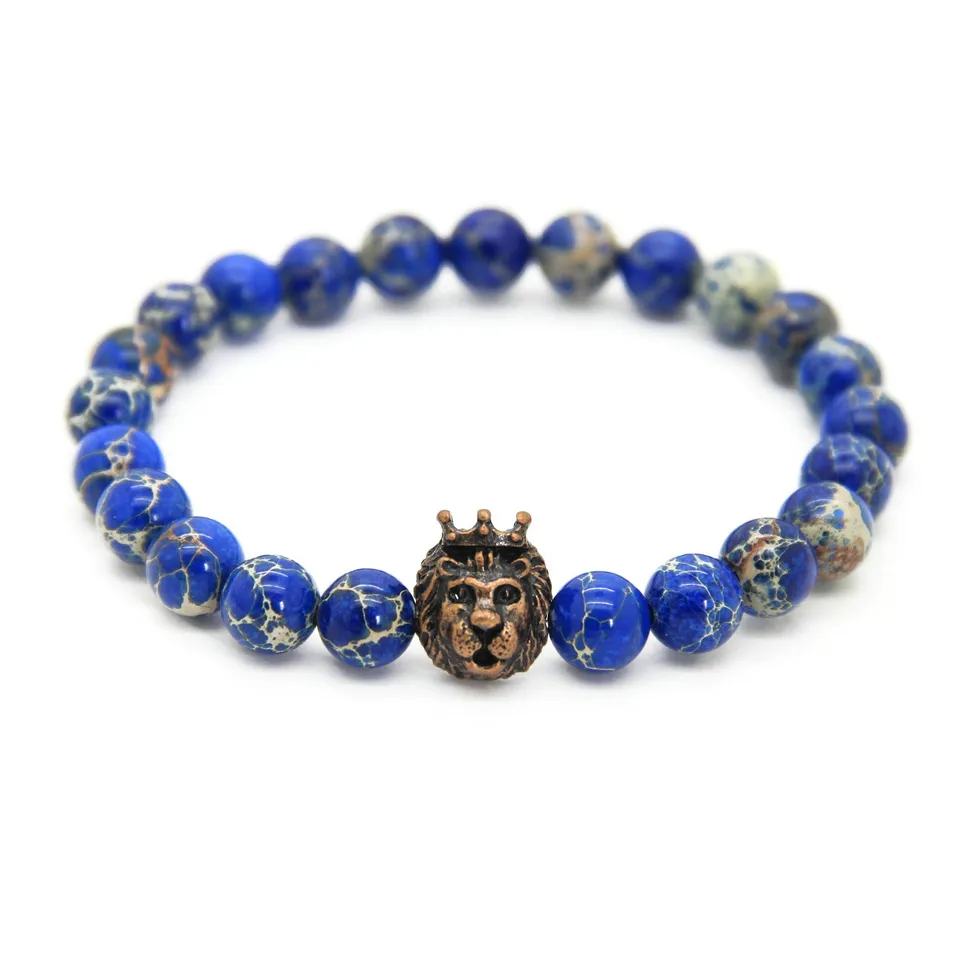 1 pz nuovo design 8mm perline di pietra sedimenti del mare blu con braccialetti eroe testa di leone di colore misto, gioielli da uomo, bel regalo