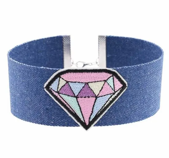 Uttalande halsband punk denim broderi choker halsband för kvinnor krage rose cool hjärta diamant national flagga krona charm smycken