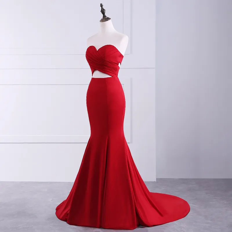 strapless open back dress Strapless V-Neck Bow Satin Pleated Slit Red Long Prom Dress PSK675 US0 / Custom Color main image 1