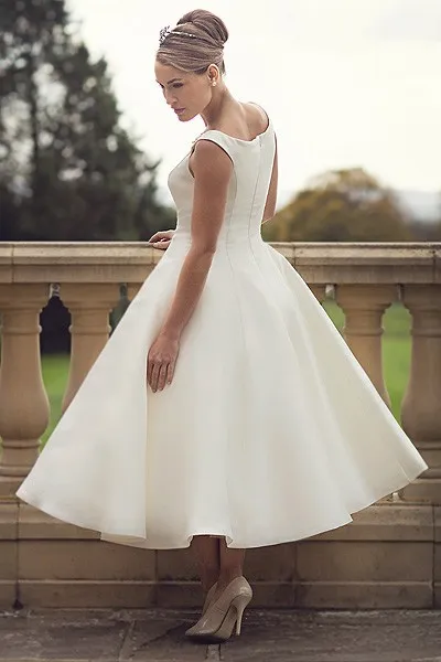 60s vintage comprimento de chá curto vestidos de casamento simples barco vestido de baile cetim de recepção sem mangas mulheres segunda casamento vestidos nupculos