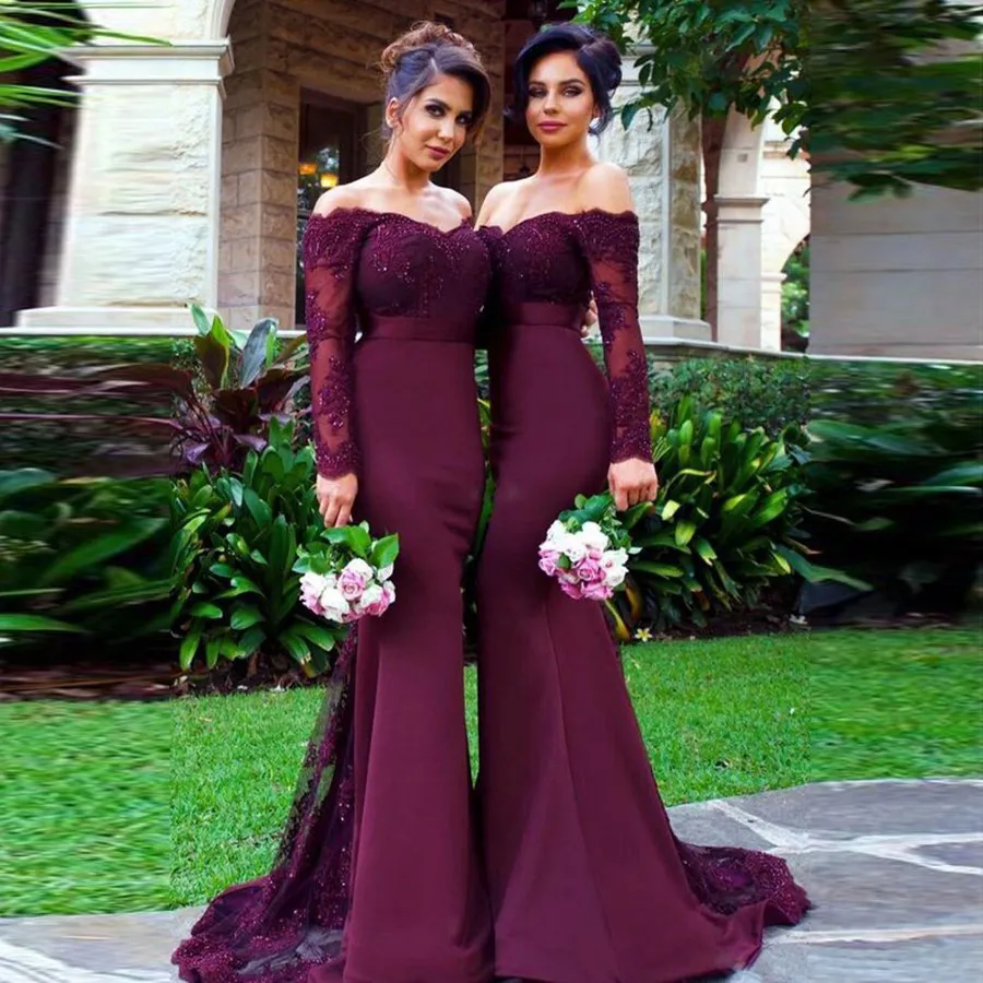 Mermaid Off The Shoulder Long Sleeves Sweep Train Burgundy Bridesmaid Dress Applique Lace With Crystals Purple Wedding Party Dresses From 93 68 DHgate