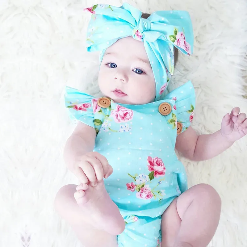 6 Styles Nourrissons Bébé Fille Floral Barboteuses Body Avec Bandeaux Volants Manches Ensemble Boutons 2017 Été INS Barboteuse Costumes Gratuit DHL