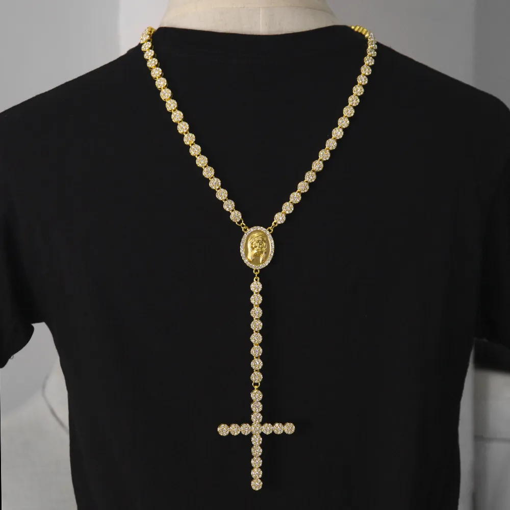 Männer Luxus lange Halskette Gold Silber voll Iced Out Strass Jesus Gesicht mit großem Kreuz Anhänger Halskette Rosenkranz Punk Schmuck