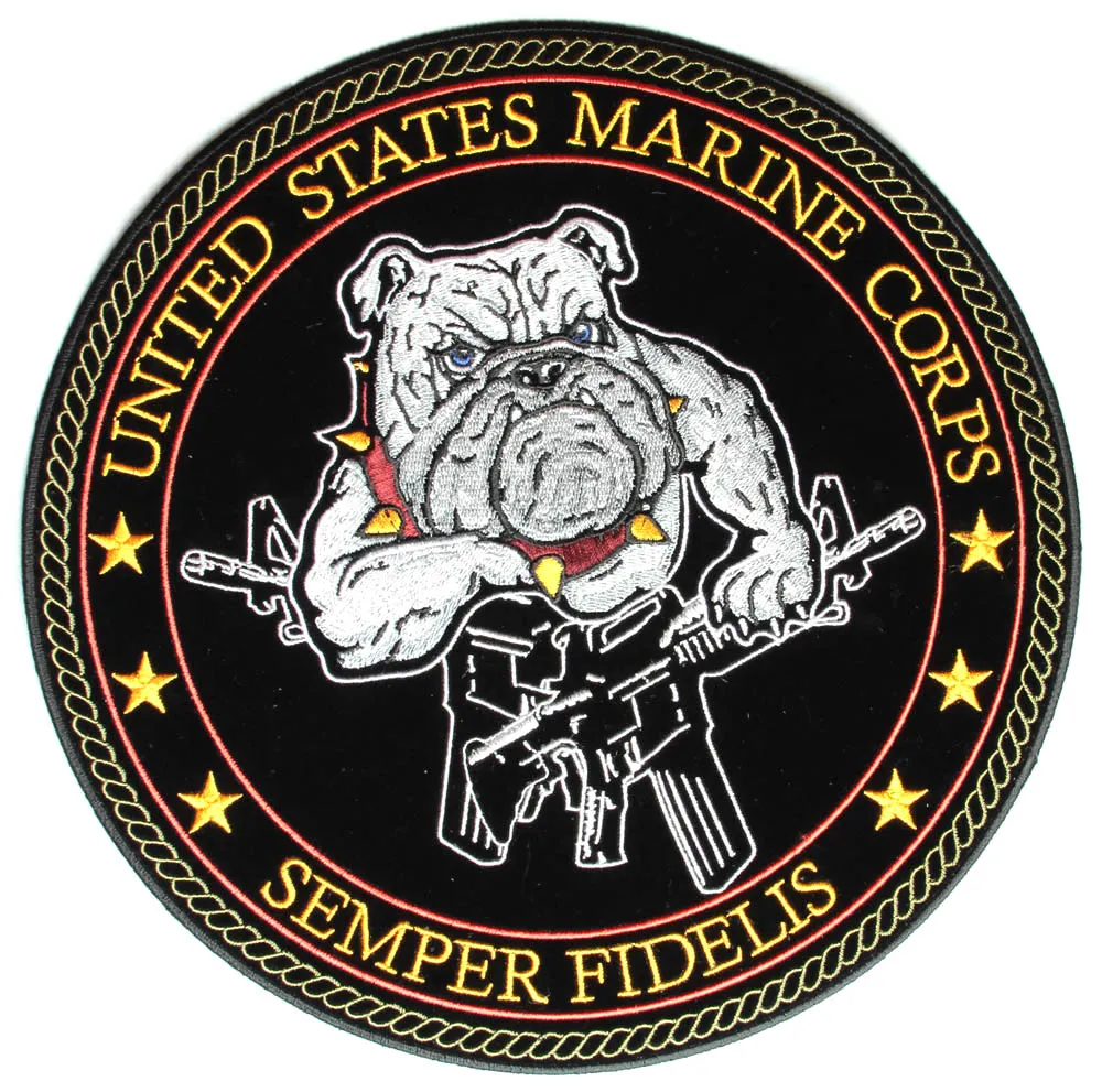 Bulldog and Guns, USMC, Semper Fidelis Large Back Embroidered Iron On Or Sew On Patch - 10x10 INCH Free Shipping