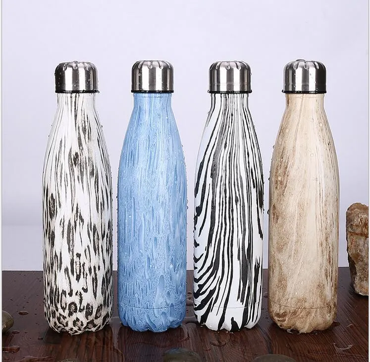 Holzfarbe, 17 Unzen, Cola-Form, vakuumisolierte Edelstahl-Wasserflasche für Outdoor-Sportarten, Leopard-Bowling-Flaschen, Camo-Trinkbecher