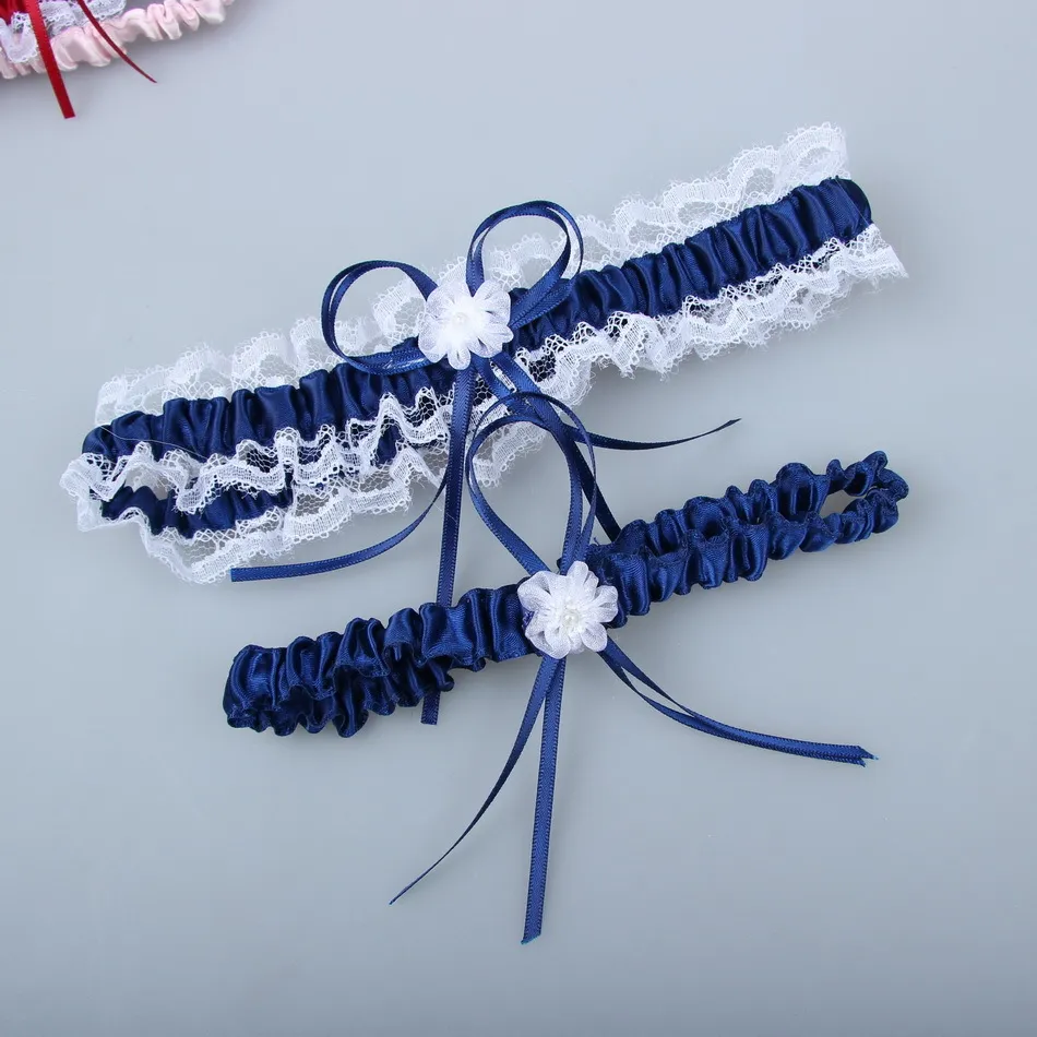 Sexy Satin Ribbon Bow Bridal Garters Wedding Garter Set Pearl Accessories Burgundy White Red Pink Sky Blue Black Navy