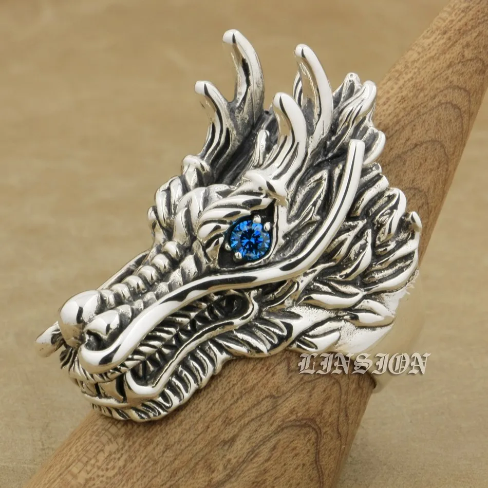 LINSION Huge Heavy 925 Sterling Silver Dragon Ring Blue CZ Eyes Mens Biker Rocker Punk Ring 9D110 US Size 7 to 15