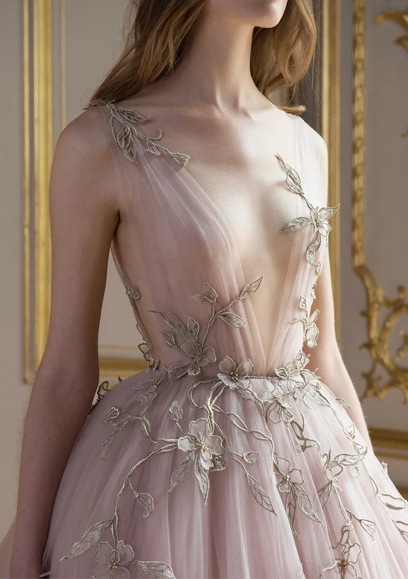 Elegante abito da sera rosa cipria con applique profondo scollo a V senza maniche in tulle abiti da sera lunghi formali affascinante abito da tappeto rosso