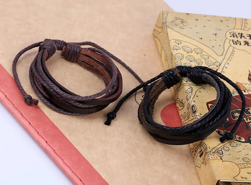Bracelet en cuir marron noir tressé multicouche Bracelets réglables bracelet manchettes bracelets pour femmes hommes bijoux Vintage