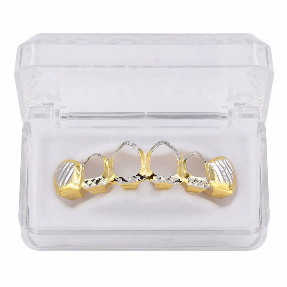 New Gold Silver Hollow Open Dlampnd Cut 6 Tooth Top Bottom Grills Teeth Caps Tooth Hiphop Grillz Set Party Jewelry210V