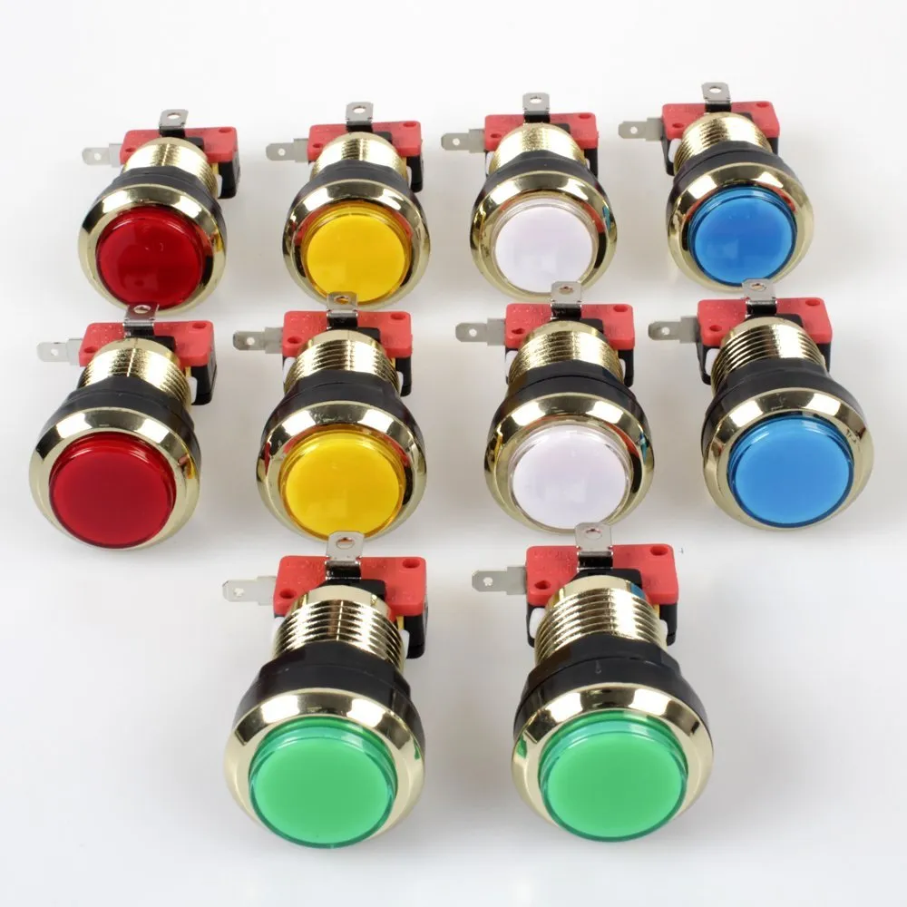 10 pièces/lot bouton poussoir lumineux LED plaqué or, trous de 30mm, boutons dorés avec micro-interrupteur pour Machine de jeux vidéo d'arcade, pièces Jamma