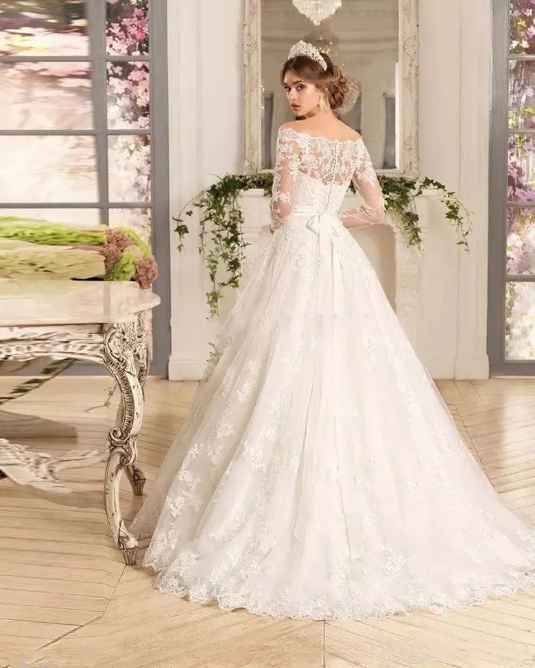 Manches longues personnalisées dentelle appliques une ligne robes de mariée pour mariée grande taille robes de mariée 2024 avec perles ceinture balayage train tulle grande taille robe de mariée