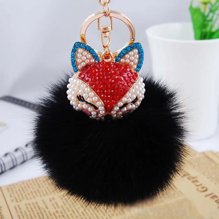 Cute Rhinestone Fox Fox Keychain With Real Rabbit Fur Ball Available ...