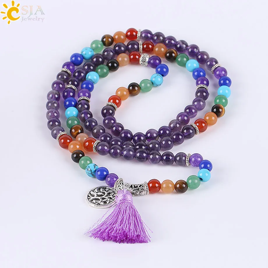 CSJA Reiki Natural 7 Chakra Multi camada Amethyst Gemstone Charms Bracelets Mulheres Cristal roxo 108 Mala ioga Meditação Cura 2471