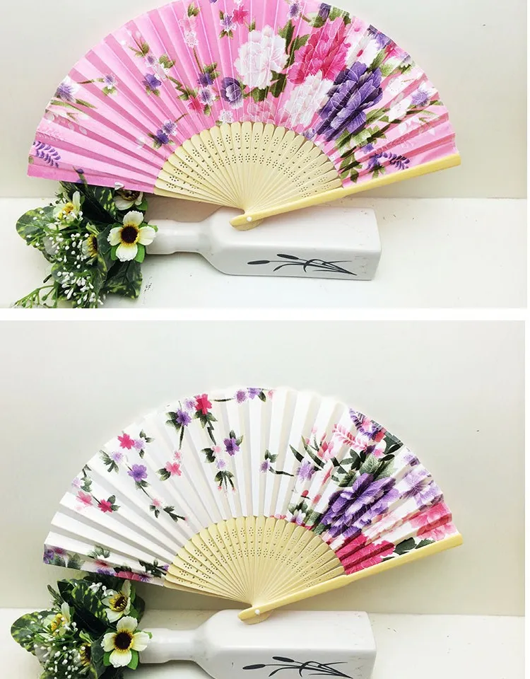 7" Pretty Silk Floral Folding Hand held Fan Wedding Party Favor Cloth Crafts Adult Women Wooden Fans 