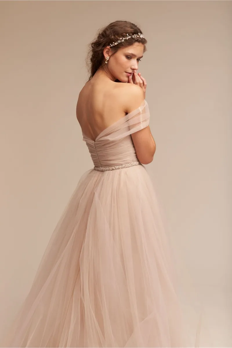 Nude BHLDN Wedding Dresses Off The Shoulder Delicate Sash Bridal