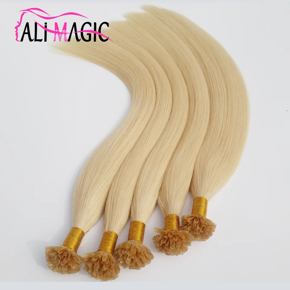 ALI MAGIC Estensioni dei capelli con punta a U Fusion Hair Colore biondo 100 g/lotto 1 g/filo Colla alla cheratina Perline Prebonded Estensioni dei capelli umani 14-28 pollici