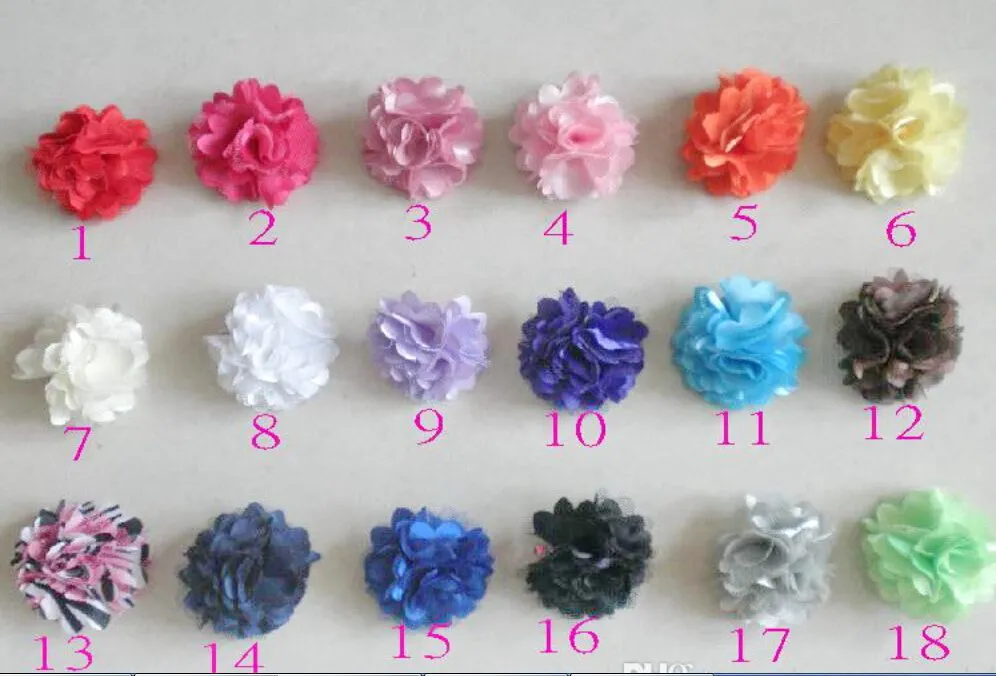 20 stks meisje boutique mini 2 inch zijden bloemen gelijmd haarband satijn mesh haar bloem met iriserende skinny shimmer hoofdbanden 18 kleur SG8517