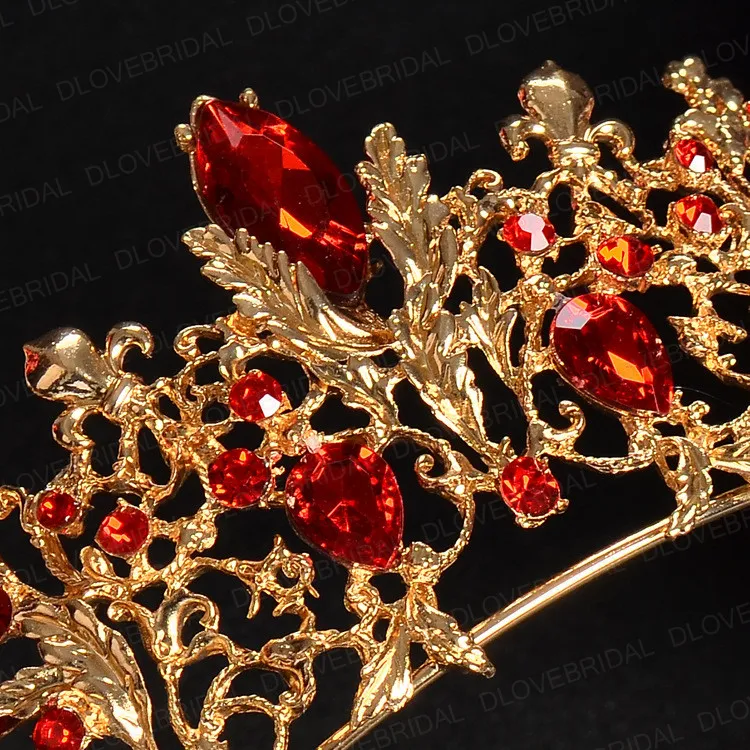 Diadème de mariée en argent doré avec cristal rouge de haute qualité superbe grande couronne de concours sans peigne accessoires de cheveux de fête d'anniversaire Po3536634