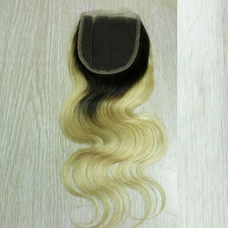 Dark Roots 1B613 Ombre Blonde Brazilian Human Hair Closure Body Wave 4quot x 4quot 130 Denisty Swiss Lace Top Closure2243767