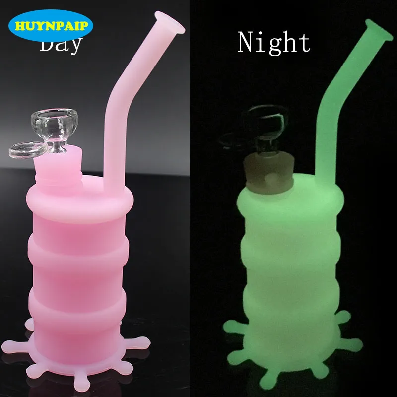 New Fluorescent Light Silikon Wasserpfeife Glas Bongs Öl Rigs Glasbong 8,26 Zoll Höhe mit 14,4mm Joint Silikon Material