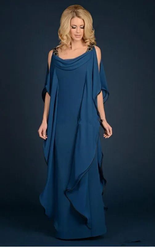 Nieuwe champagne marineblauwe moeder van de bruid jurken chiffon kleding kralen plus size ruches stromende moeder formele avondjurk