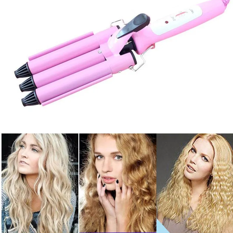 Onda de praia profissional Curling iron Tongs Cabeça Cone Rosa de cerâmica de ferro de ondulação tripla Onda Grande Três Barril Cabelo curler ZA2056