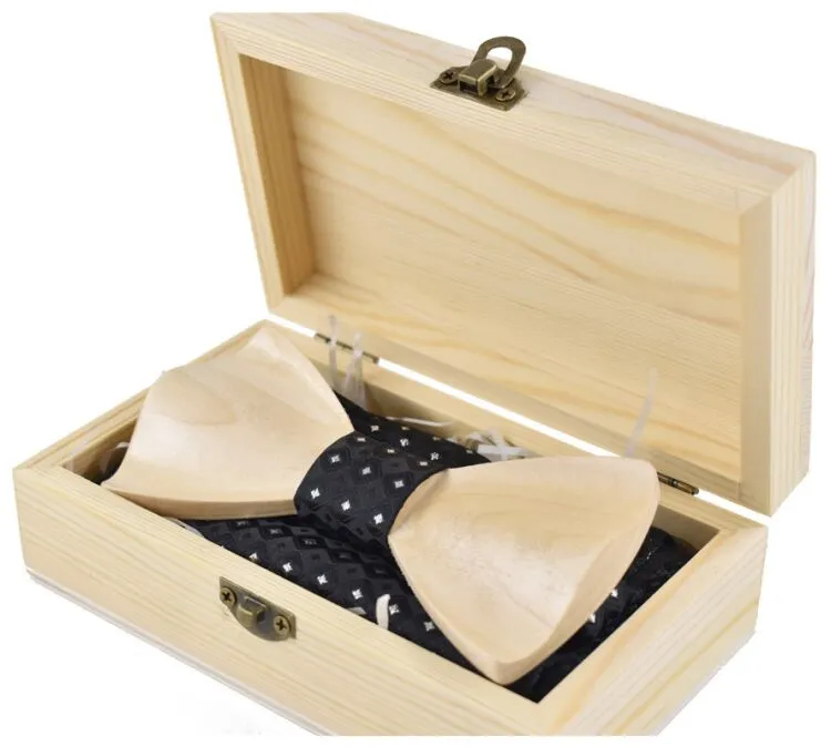 Set papillon e fazzoletto in legno 3D con scatola di legno Fiocco tradizionale vintage fatto a mano prodotto finito aziendale Papillon 12 * 5,5 cm