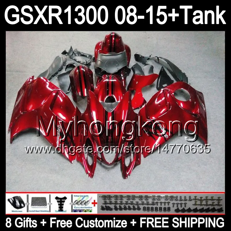 Glans Röd 8Gifts för Suzuki Hayabusa GSXR1300 2008 2009 2010 2011 14HM1 GSXR-1300 GSX R1300 GSXR 1300 2012 2013 2014 2015 Fairing Mörkröd