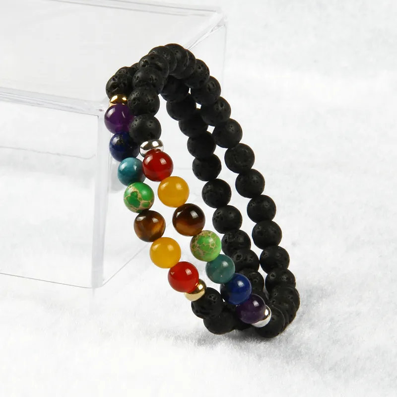 Nouveau design 7 chakra pierre de guérison yoga méditation bracelet 6mm perles de pierre de lave avec mélange de couleurs bracelets de pierre pour cadeau277K