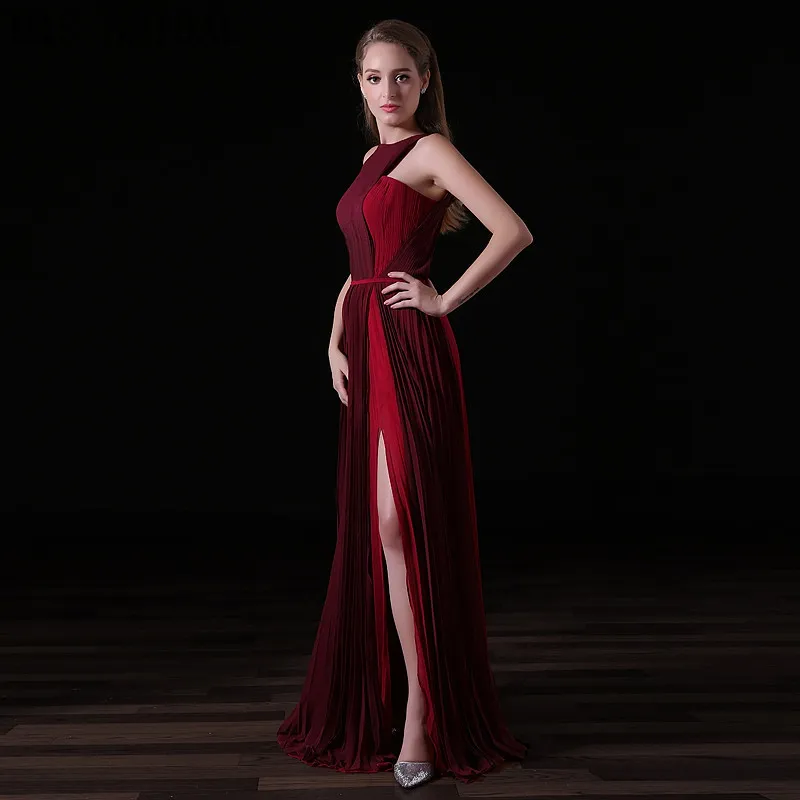 2017 BURGUNDY Chiffon Long Evening Dresses Halter Fashion Women Formal Gown Billiga Crepe Sexy Slit Evening Party Prom Klänningar A019