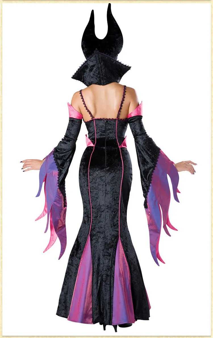 Deluxe Cosplay Purple Dress Dark Witch Outfits Disfraz de Halloween para mujer adulta con cuello alto y sombreros