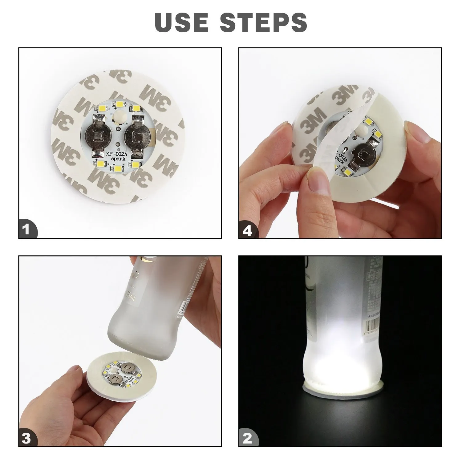 Veilleuses bouteille de vin 6 LED autocollantes, disques de dessous de verre lumineux pour bouteille d'alcool ou autre décoration en verre transparent pour fête