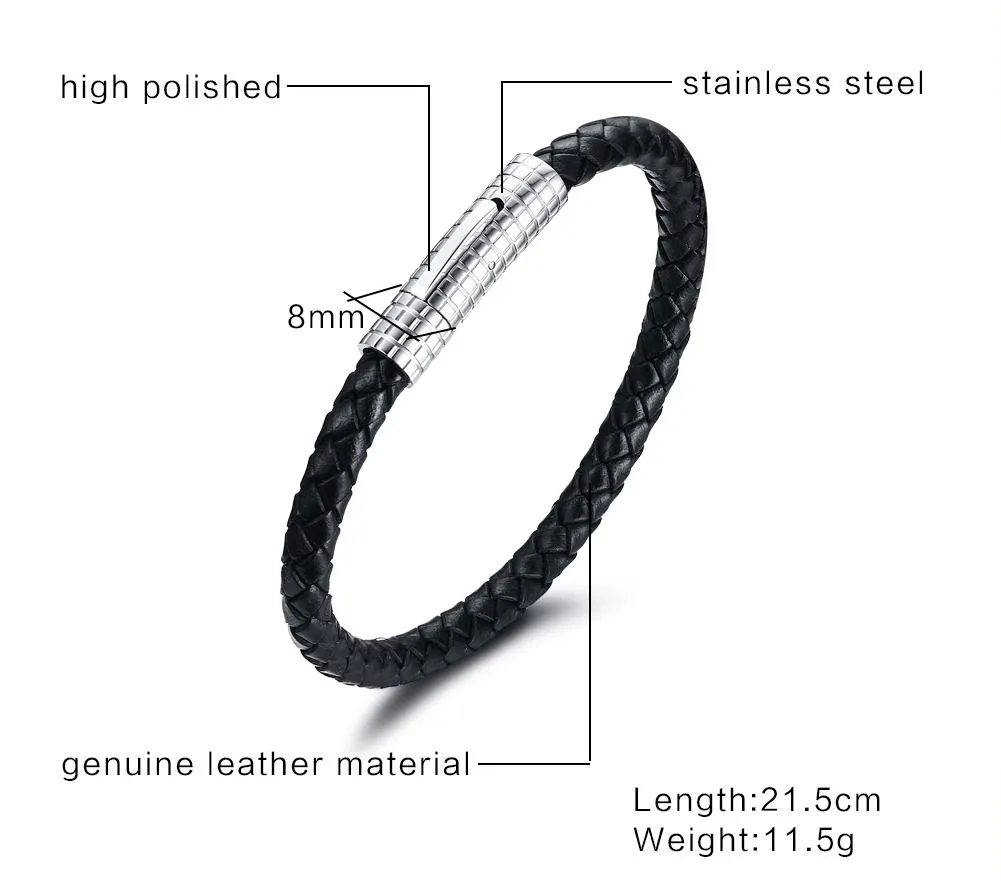 Bracciale unisex semplice in pelle intrecciata nera con chiusura magnetica in acciaio inossidabile, lunghezza 21,5 cm