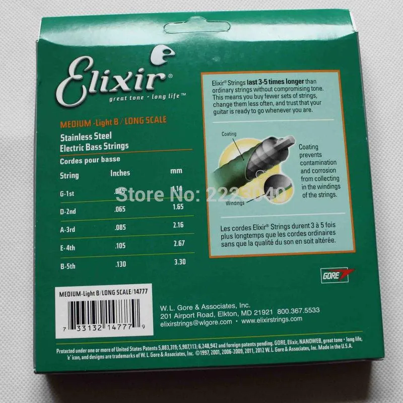 Elixir 14777 Basssträngar 5 Electric Bass Guitar String 045-130 Musikinstrument Delar Gitarr Tillbehör Gratis frakt