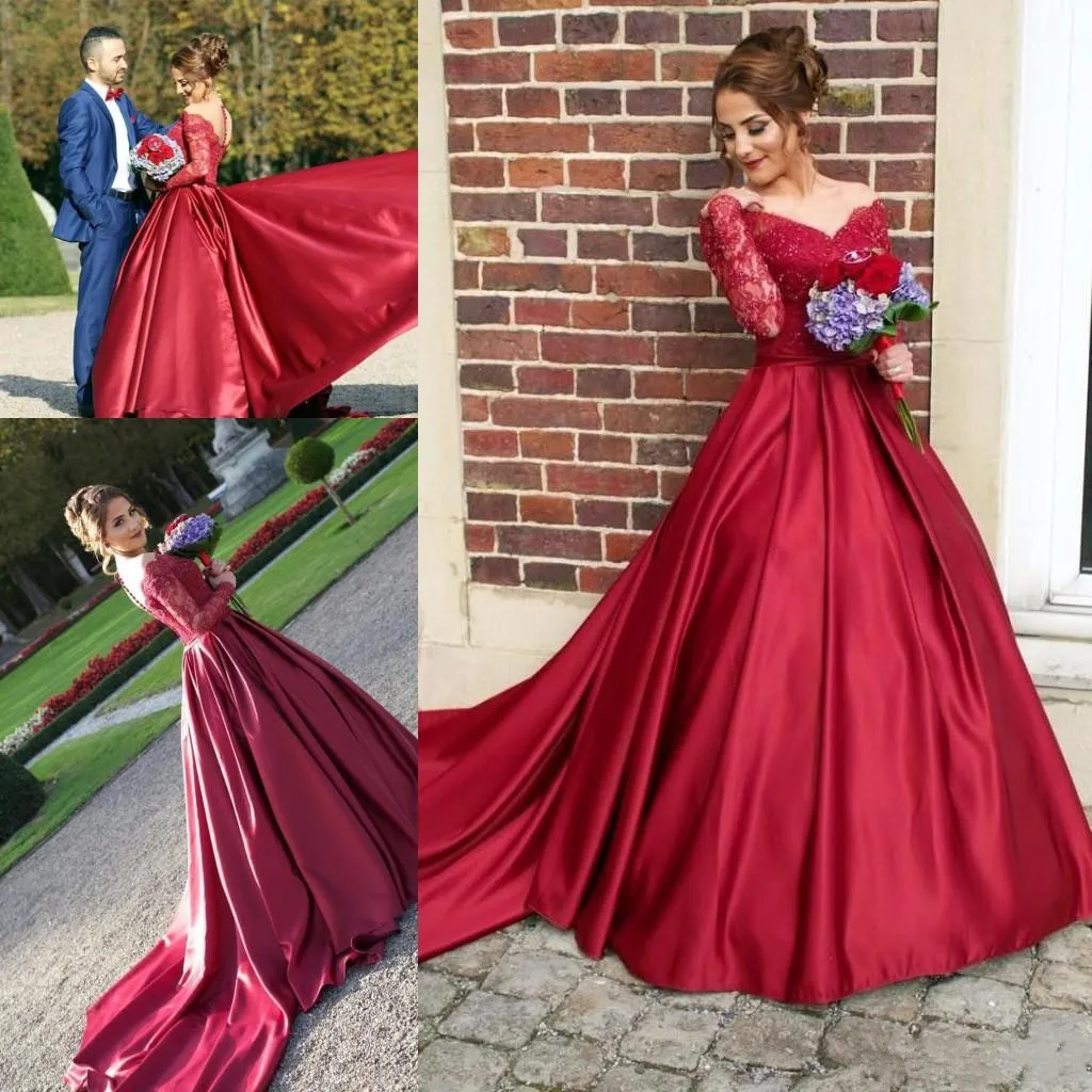 2017 New Arrival Long Red Evening Dresses Off Shoulder Long Sleeves Illusion Back With Buttons Formal Prom Party Dresses Red Carpet Dresses