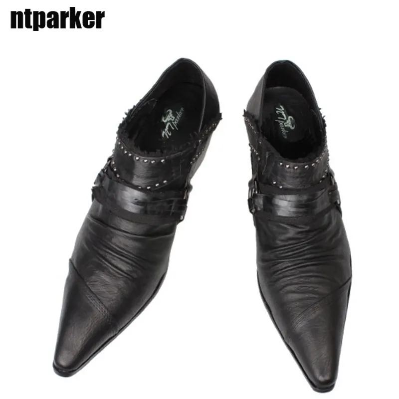 Japanese Style Men Shoes pointed toe high-heeled Man's Leather Shoes Black Wedding/Stage/Business Shoes for Man Zapatos Hombre, EU38-46