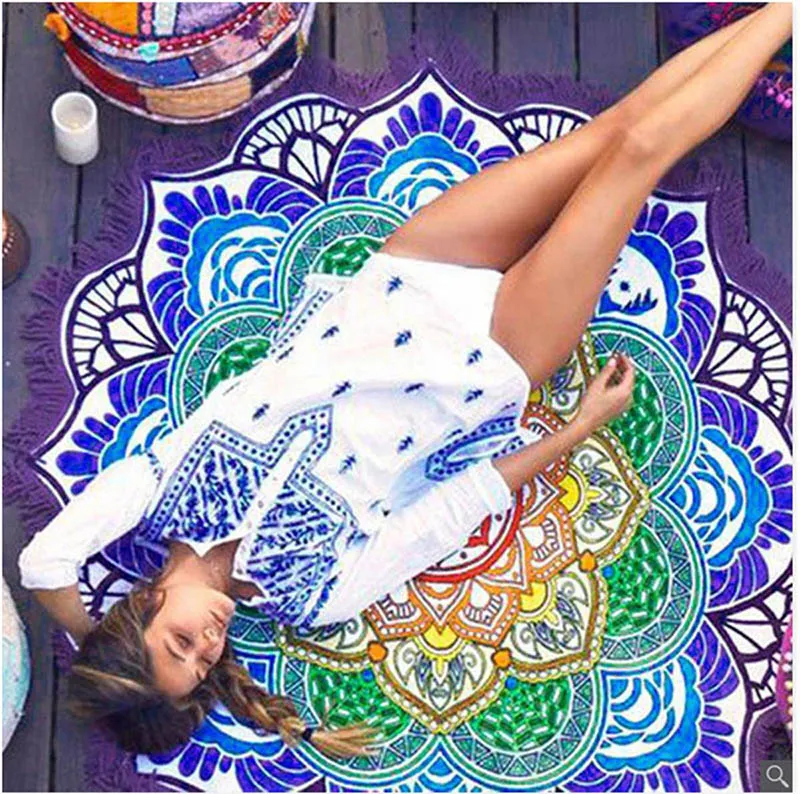 Yuvarlak Hint Mandala Plaj Havlusu Renkli Yoga Minderi Püskül Baskılı Goblen Hippy Boho Tablecloth Bohemian Serviette Plaj Şal Wrap Kapaklar