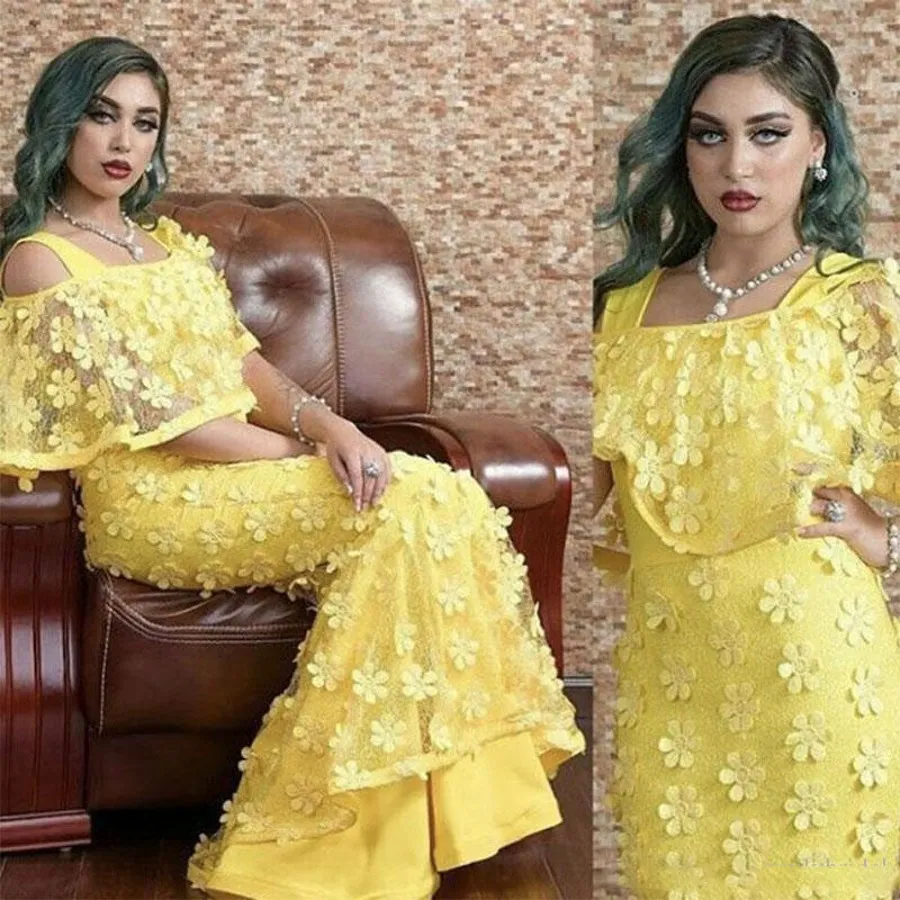 Saudi Arabic Yellow Mermaid Prom Dresses Dubai Floral Petals Satin Evening Gowns Floor Length Off Shoulder Formal Party Dresses Vestidos