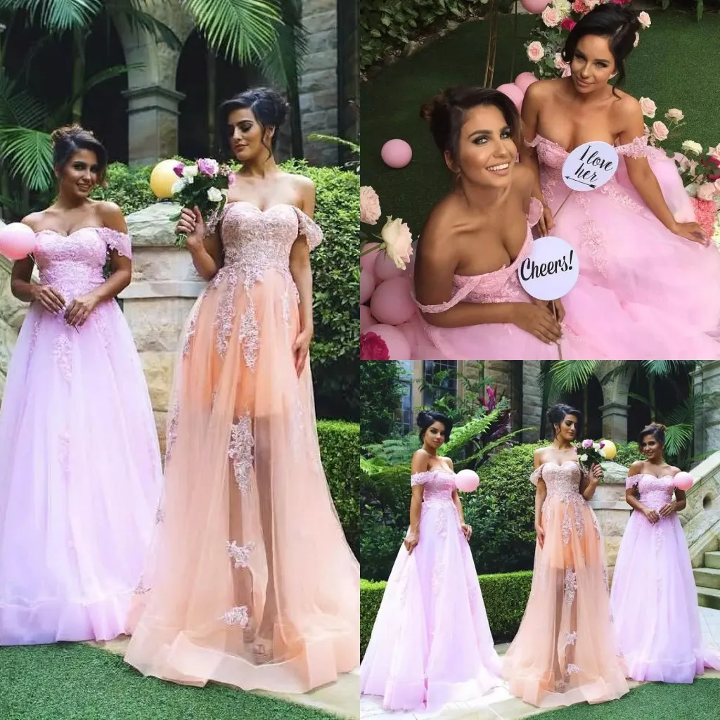 Elegant Pink Long Bridesmaid Dresses With Lace Applique Off Shoulder Evening Dresses Back Zipper A-Line Custom Made Tiered Bridesmaid Gowns