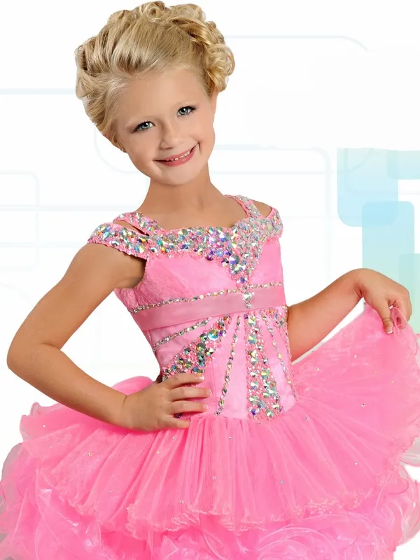 Ritzee Girls B739 AB Crystal Bodice Cupcake Pageant Dresses for Little Girls 2019 Beautiful Ruffles Pink Organza Girls Tutu Dress