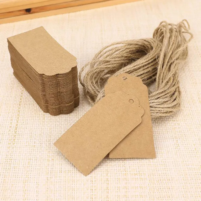 100X Brown Kraft Paper Tags Lace Scallop Head Label Luggage Wedding Note +String DIY Blank price Hang tag Kraft Gift Hang tag