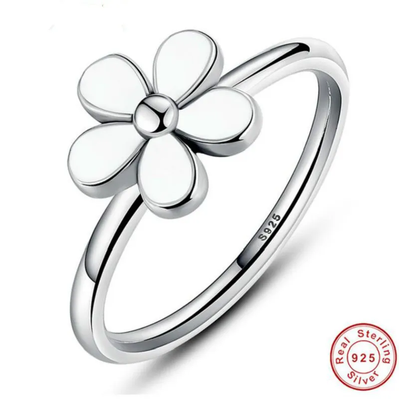 Märke Flower 925 Sterling Silver Darling Daisy Staplable Ring Vit emalj med vita emalj autentiska smycken