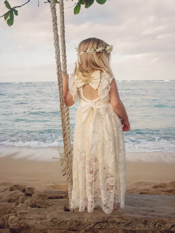 Abito da ragazza di fiori Boho lungo avorio con scollo rotondo e fiocco