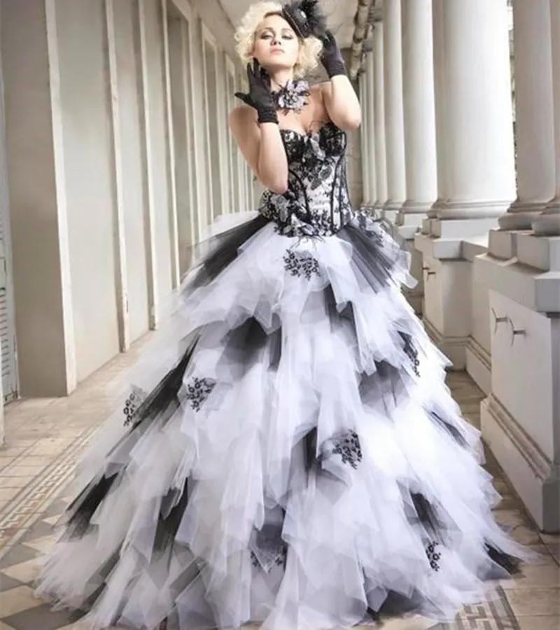 Corset Goth Wedding Dress Black and White Lace-up Back Tulle Ball Gown with  Ruffles Sweep Train from Dhgate Ball Gown Wedding Dresses - price 150.42