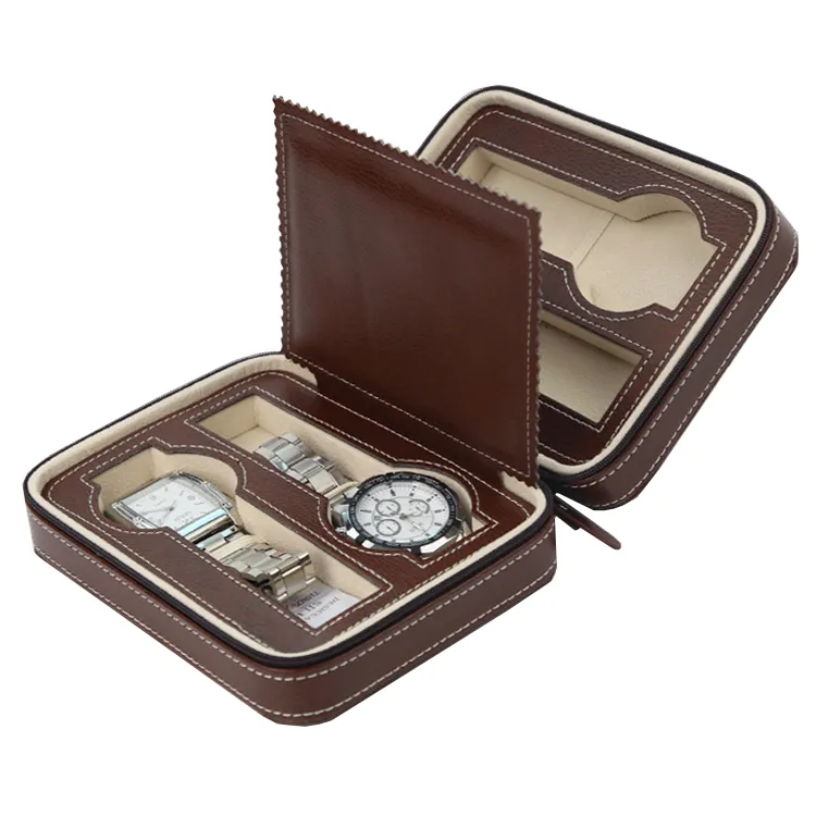 Bruin leer vier 4 slots ritssluiting reiziger's horloge opslag Organizer Collector Case Suede Interieur Horloge Case Sport Travel Doos