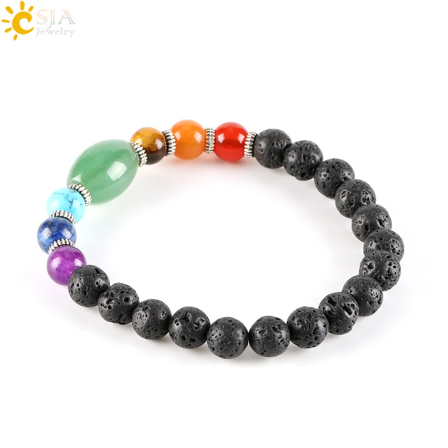 CSJA Big Size Green Aventurine Created Healing 7 Chakra Gemstone Black Lava Strand Bracelet for Male Female Gift Jewellery E279252t